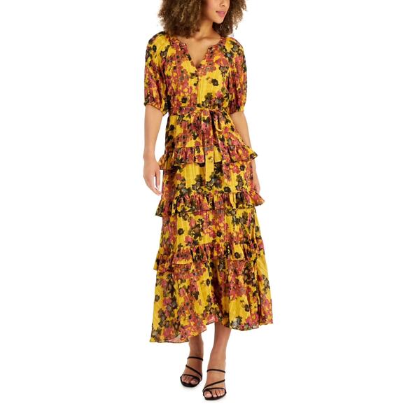 NEW Taylor Women's Floral Print Ruffle Tiered Maxi Dress Elbow Puff Sleeves 22W - Picture 1 of 15